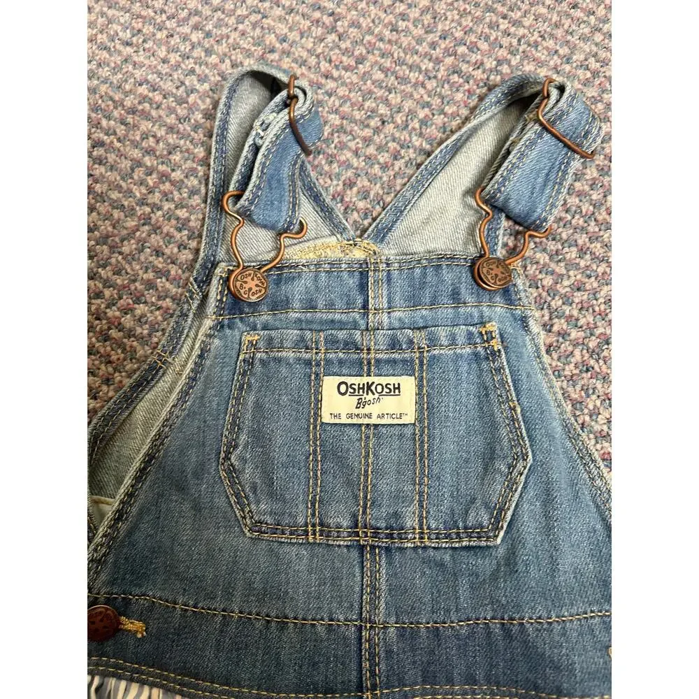 OshKosh Vestbak Denim Overall Dress Blue Striped Lace Trim 24 month